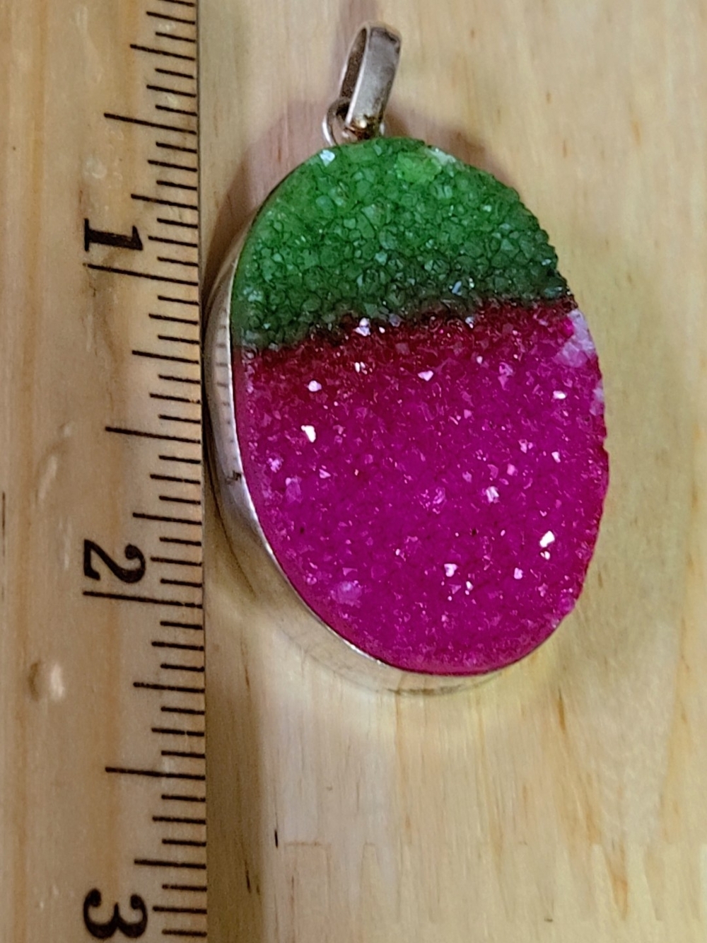 Green and Pink Watermelon Crystal Druzy Oval Pendant In 925 Silver - Picture 14 of 15